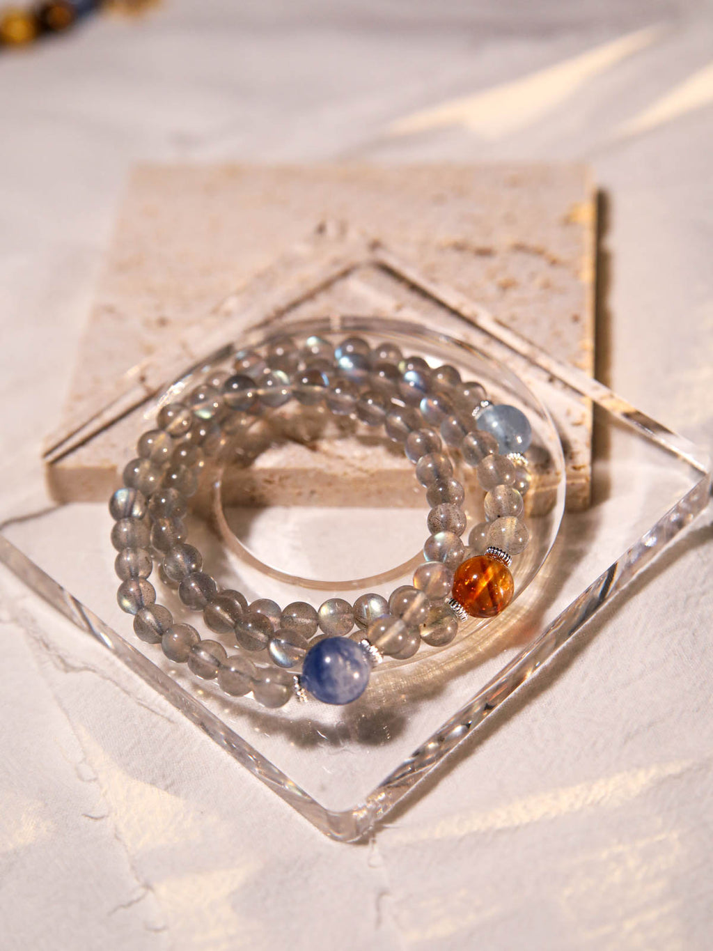 Quiet Orbit — Grey Moonstone Bracelet with Aquamarine / Kyanite / Citrine